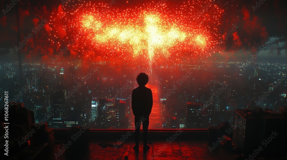 Futuristic Cityscape with Red Fireworks Display Futuristic Cityscape with Red Fireworks Display