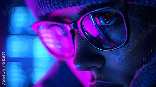 Wallpaper Mural Exploring the Digital Night: A Stylish Coder Immersed in Neon Glow and Focused Determination. Women In Tech Concept Torontodigital.ca