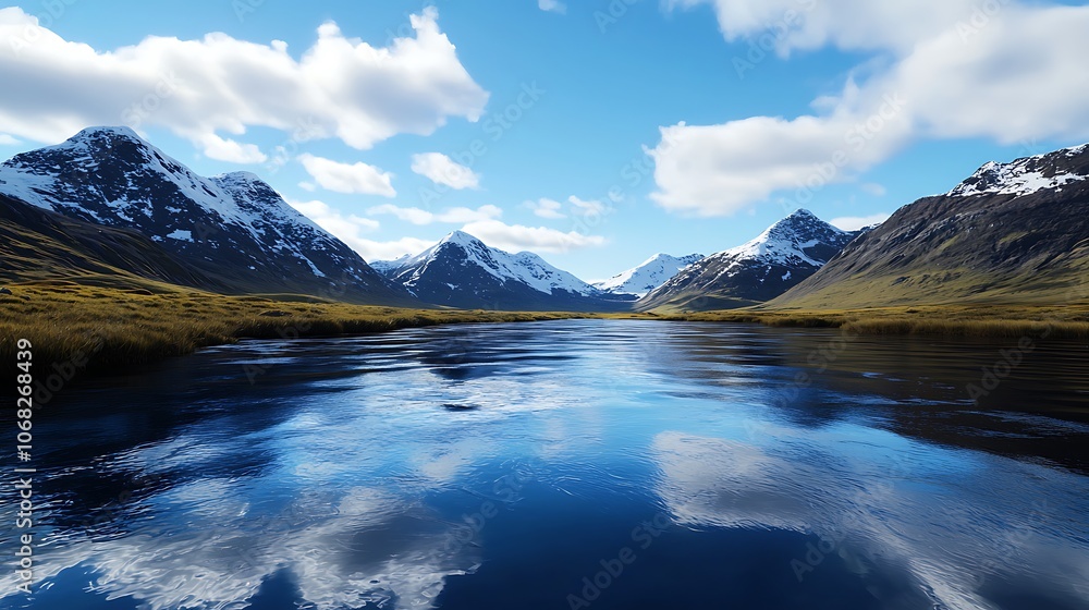 A beautiful mountain range with a river running through it A beautiful mountain range with a river running through it