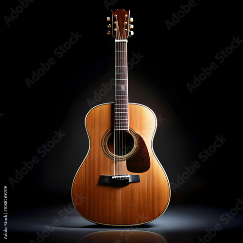 A guitar displayed against a black background