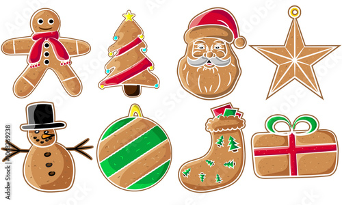 Set of gingerbread Christmas elements, Santa, Christmas Tree, Gingerbread Man, and Snowman etc isolated on a transparent background