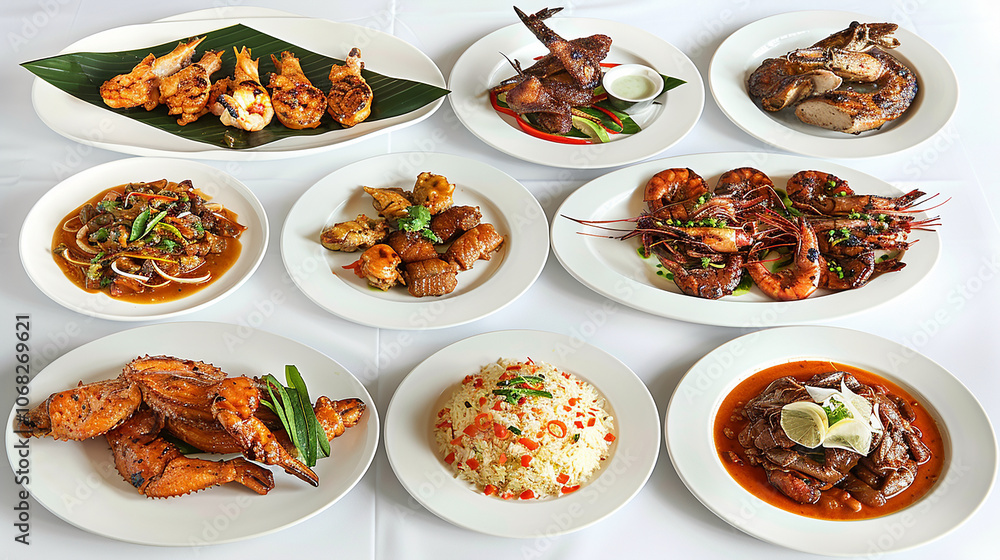 A variety of delicious dishes on a white tablecloth, including fried chicken, seafood, noodles, rice, and curry. A variety of delicious dishes on a white tablecloth, including fried chicken, seafood, noodles, rice, and curry.