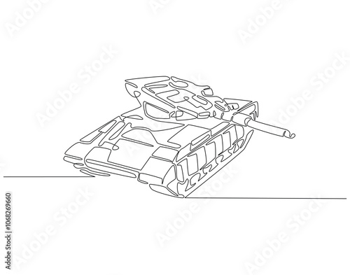Continuous one line drawing of military tank. One line drawing illustration of soldier vehicle for war. armored transportation, military equipment concept line art. Editable outline