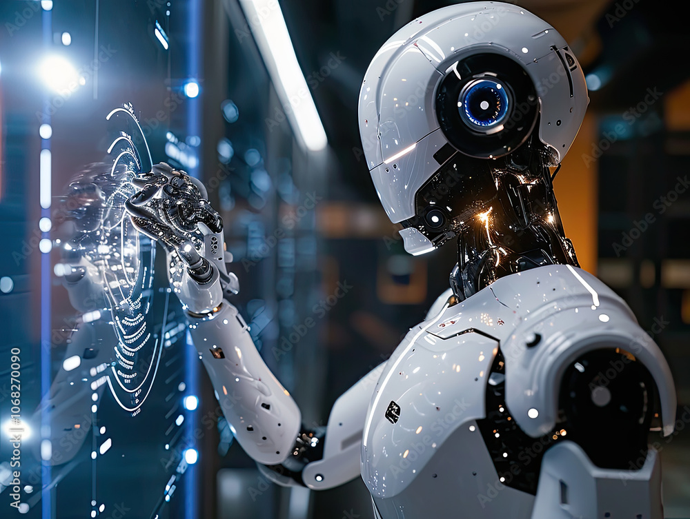 Fototapeta premium Man using tools AI. technology smart robot science and artificial intelligence technology, and innovation futuristic and global connection for providing access to information and data online network