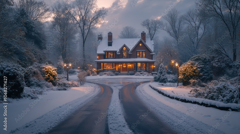 A snowy driveway leads to a cozy, well-lit home with a porch. A snowy driveway leads to a cozy, well-lit home with a porch.