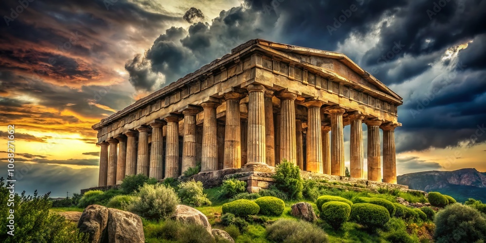 Captivating Conceptual Photography of an Ancient Greek Temple Surrounded by Lush Landscapes and Dramatic Skies, Evoking Timeless Beauty and Cultural Heritage in a Modern Context Captivating Conceptual Photography of an Ancient Greek Temple Surrounded by Lush Landscapes and Dramatic Skies, Evoking Timeless Beauty and Cultural Heritage in a Modern Context