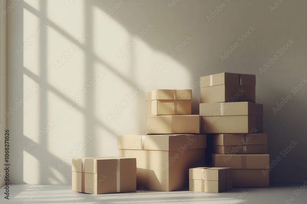 Stacked Boxes in Bright Room with Shadows Stacked Boxes in Bright Room with Shadows