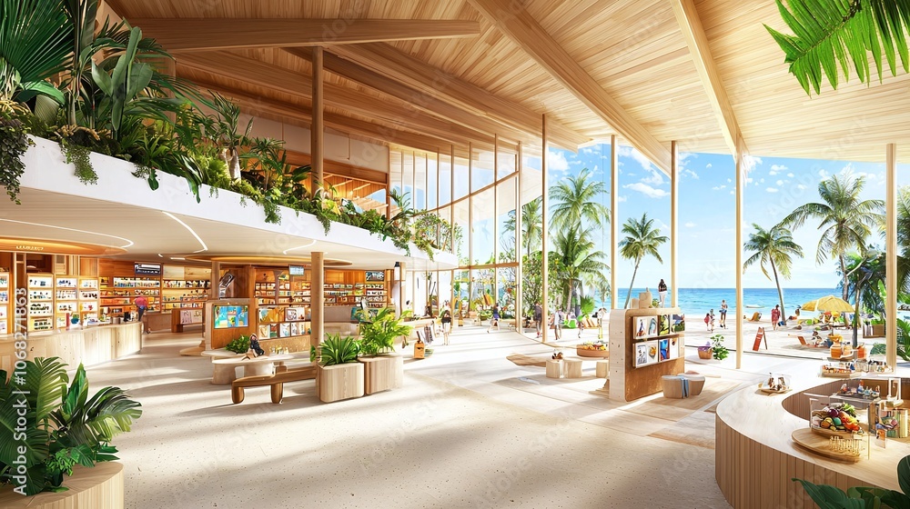 Fototapeta premium Tropical Resort Lobby with Beach View.