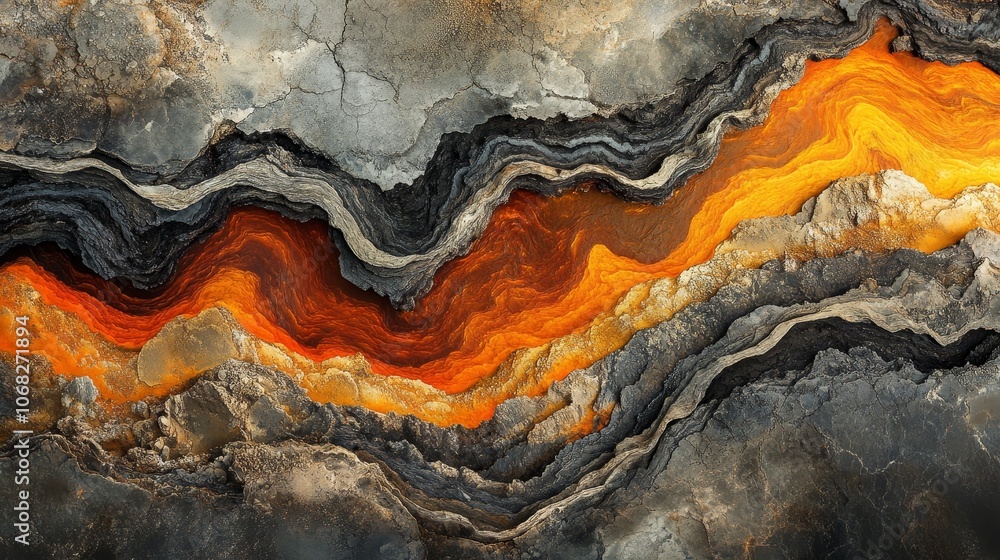 Aerial view of molten lava flowing over volcanic ash, creating intricate veins across layers of rocks, showcasing the powerful forces of nature and geological processes in volcanic activity. Aerial view of molten lava flowing over volcanic ash, creating intricate veins across layers of rocks, showcasing the powerful forces of nature and geological processes in volcanic activity.
