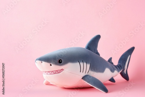 A cute plush shark toy against a pink background, ideal for children's playtime or as a decorative item. photo