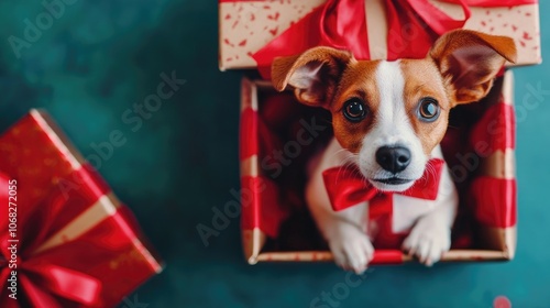 A playful dog inside a decorative gift box adorned with a vibrant red bow. This flat lay holiday image captures the joy of a surprise pet, ideal for festive themes with ample copy space. photo