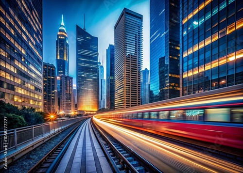 Night Train Gliding by Urban Skyscrapers with Light Trails Capturing the Essence of Minimalist Photography in a Dynamic Cityscape at Night