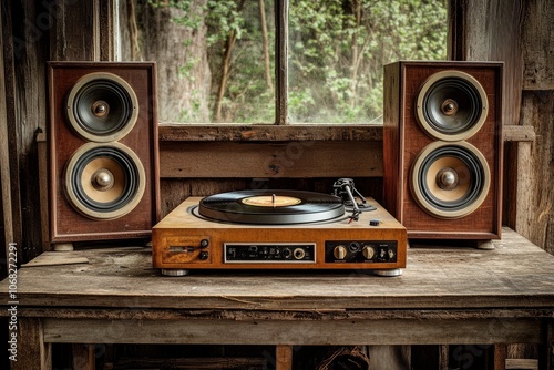 A vintage turntable with two large speakers, placed on an old wooden table in the foreground. photo