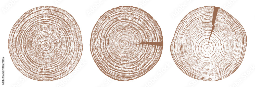 Tree wood texture. Wooden old trunk. Cut timber log. Abstract rings nature pattern. Brown circle stump. Wood cross section. Set vector illustration. EPS 10.