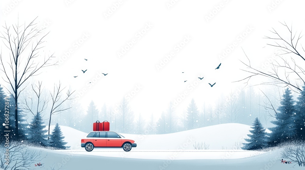 A car is driving on a winter road with luggage on the roof, a white background, and a large blank space on one side. This minimalist design is perfect for advertising or promotional materials. A car is driving on a winter road with luggage on the roof, a white background, and a large blank space on one side. This minimalist design is perfect for advertising or promotional materials.