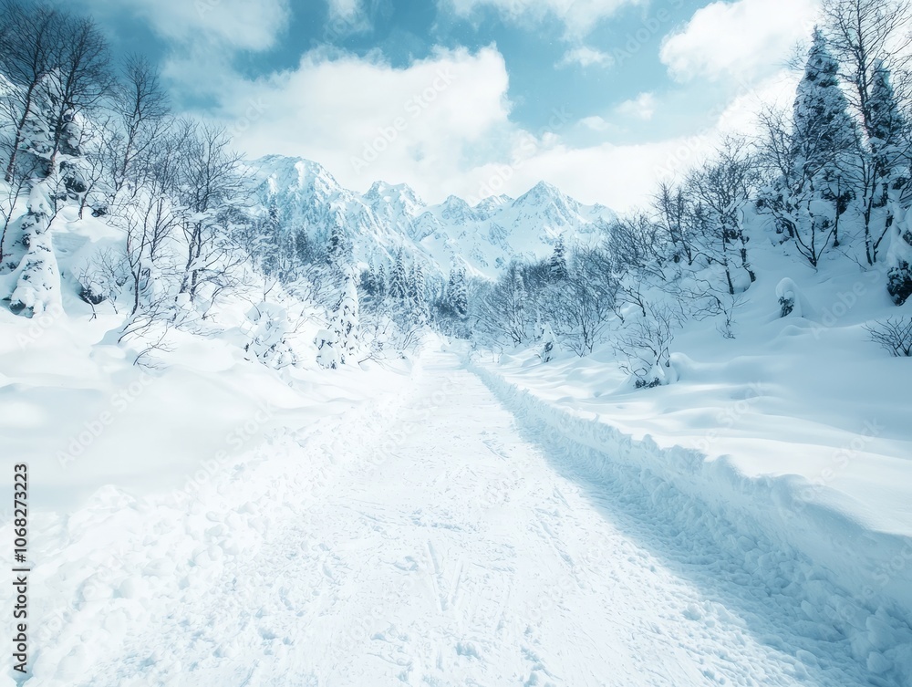 Obraz premium A serene winter landscape with a snow-covered path and distant mountains.