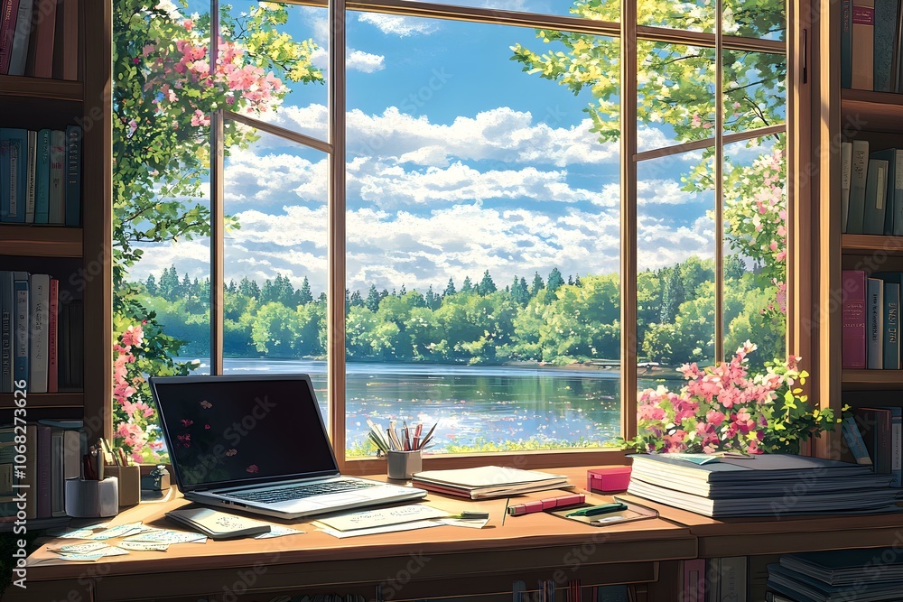 Aesthetic Anime-Style Workspace with Large Window Aesthetic Anime-Style Workspace with Large Window