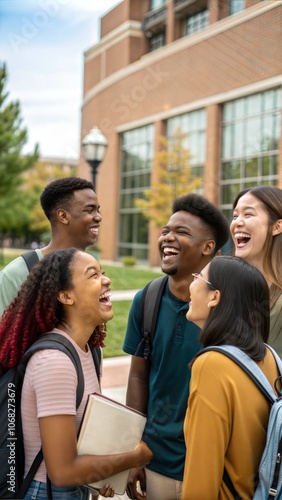 Happy, university and laughing with friends and class diversity on college campus with smile. School, education and students with funny joke and backpack outdoor at learning academy with people