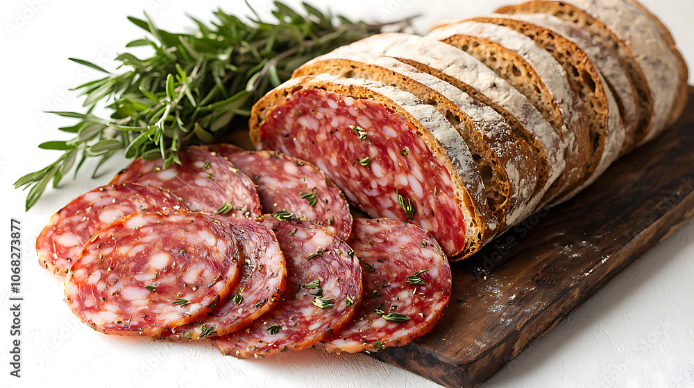 charming spread of sliced salami and rustic bread with fresh herbs, evoking warm, inviting atmosphere. Perfect for gatherings or cozy meal charming spread of sliced salami and rustic bread with fresh herbs, evoking warm, inviting atmosphere. Perfect for gatherings or cozy meal