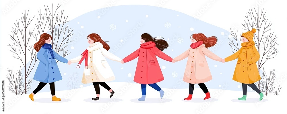 Naklejka premium A group of cheerful women walking in winter attire through a snowy landscape, showcasing vibrant colors and a festive atmosphere.