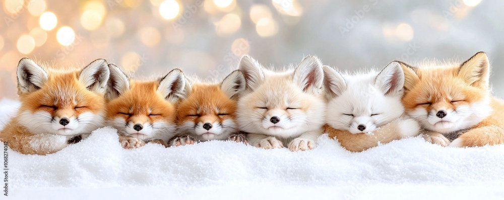 Family snow protect concept. A serene image of six adorable foxes sleeping peacefully in snow, showcasing their soft fur and tranquil expressions against a blurred, shimmering background. Family snow protect concept. A serene image of six adorable foxes sleeping peacefully in snow, showcasing their soft fur and tranquil expressions against a blurred, shimmering background.