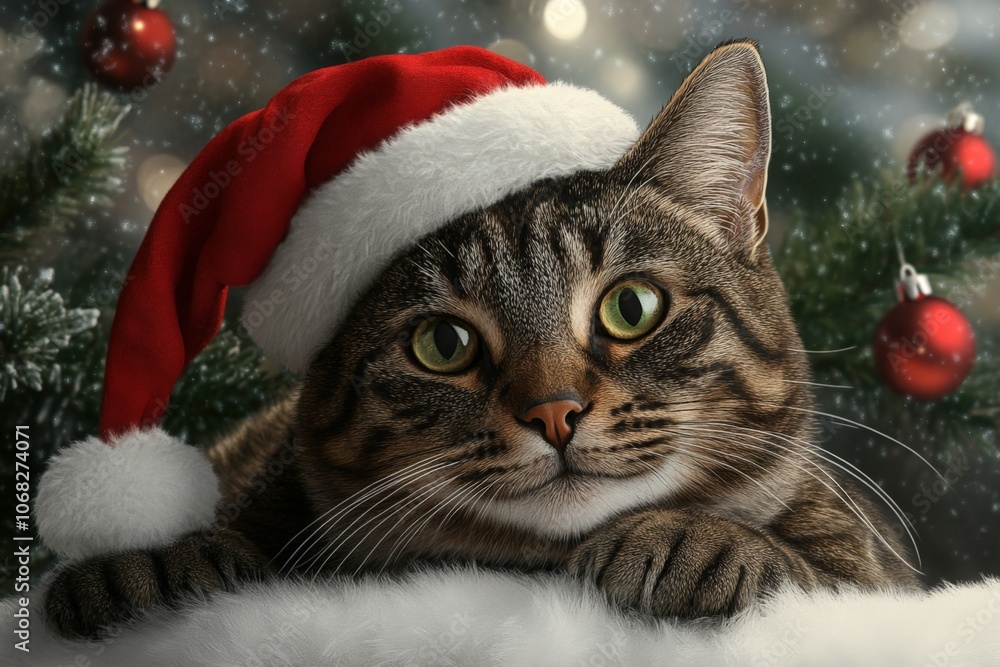 Cute tabby cat in Santa Claus hat on Christmas background. Cute tabby cat in Santa Claus hat on Christmas background.