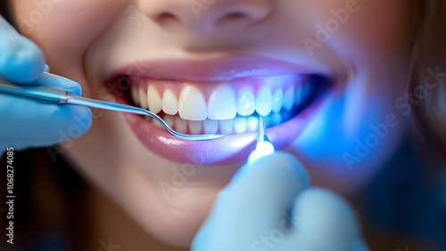 Dentist examine the teeth with UV light for bacteria and cavity removal with modern dental technology oral healthcare procedure
