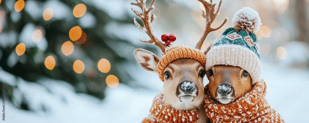 Family snow protect concept. Two adorable reindeer in winter hats and cozy sweaters pose together, surrounded by festive bokeh lights and snow, evoking a charming holiday spirit. Family snow protect concept. Two adorable reindeer in winter hats and cozy sweaters pose together, surrounded by festive bokeh lights and snow, evoking a charming holiday spirit.