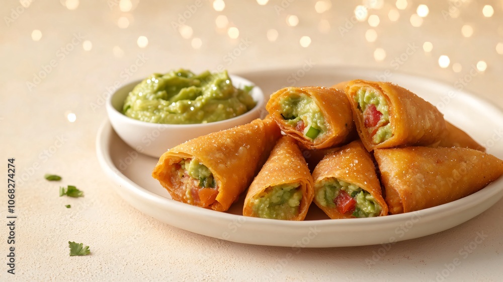 Mini tamales served with a side of guacamole, on a light tan background with soft holiday sparkles Mini tamales served with a side of guacamole, on a light tan background with soft holiday sparkles