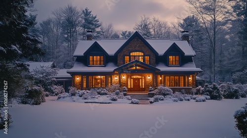 A cozy two-story house with snow-covered roof and yard, glowing warmly in the dusk.