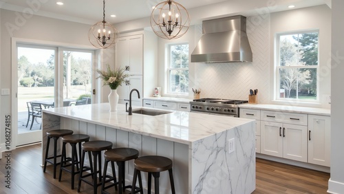 Bright and Spacious Kitchen Design with Elegant White Cabinetry and Marble Accents