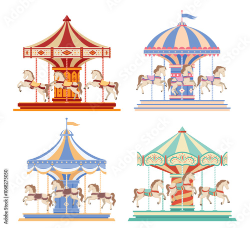 Classic horse carousel childish carnival amusement set vector flat illustration