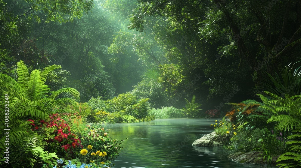 Serene Forest River Landscape with Lush Ferns and Wildflowers - Peaceful Nature Scene with Meandering Stream and Vibrant Flora Serene Forest River Landscape with Lush Ferns and Wildflowers - Peaceful Nature Scene with Meandering Stream and Vibrant Flora