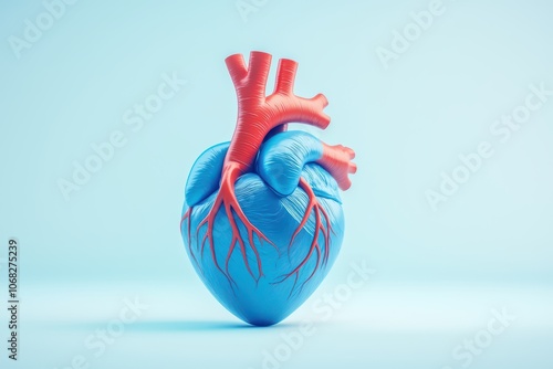 3D illustration of a human heart model, showcasing its anatomy against a soft blue background.