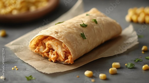 Tamale opened to reveal spicy chicken filling, on a neutral gray background with corn kernels and Mexican textiles