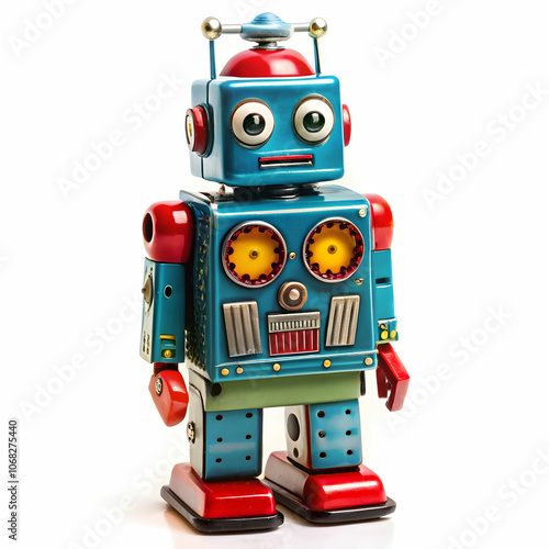 A tin toy clockwork robot displayed against a white background