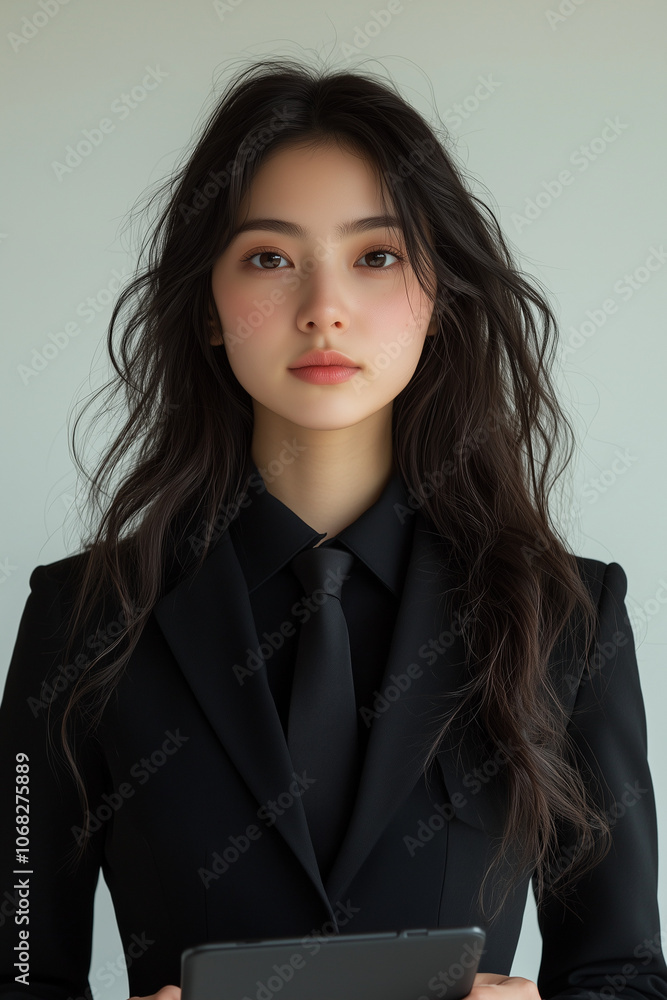 portrait photography of a beautiful white-skinned Asian career woman dressed as a black office worker portrait photography of a beautiful white-skinned Asian career woman dressed as a black office worker