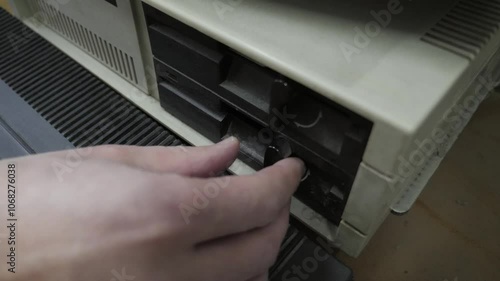 The Inserting Old-style 5.25 Inch Floppy Disk. Old Pc Look
