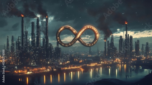 Infinity sign industrial landscape represents renewable biofuel potential endless