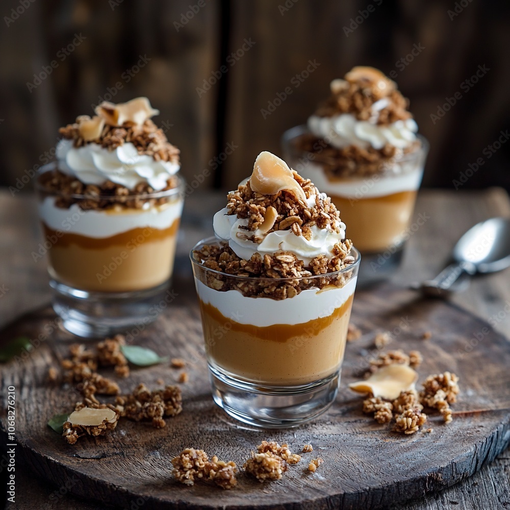 These dessert cups are visually stunning! They feature layers of a smooth caramel or butterscotch mousse topped with whipped cream and crunchy crumbled granola, generative ai These dessert cups are visually stunning! They feature layers of a smooth caramel or butterscotch mousse topped with whipped cream and crunchy crumbled granola, generative ai
