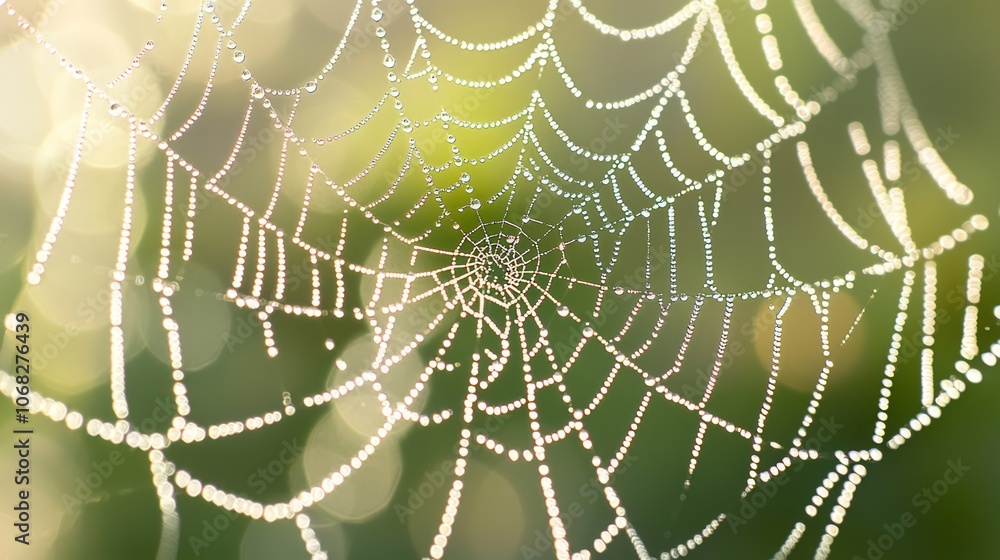 Naklejka premium Nature's Intricate Beauty: Macro Shot of Dewy Spider Web in Sunlight