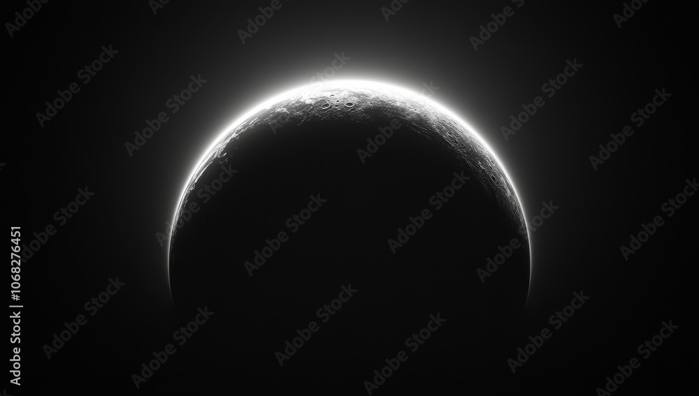 A black background with the moon's curved rim glowing in white A black background with the moon's curved rim glowing in white