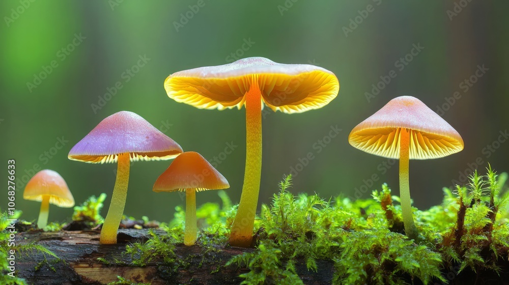 Vibrant Diversity: Close-Up of Colorful Mushrooms on Fallen Log in Damp Forest Vibrant Diversity: Close-Up of Colorful Mushrooms on Fallen Log in Damp Forest