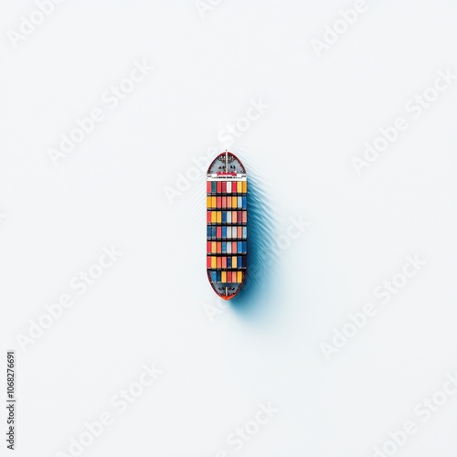 Aerial view of a colorful container ship sailing on calm waters, isolated on a white background.