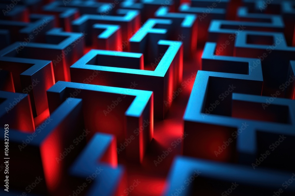 A close-up view of a complex maze structure illuminated with red light, creating a dramatic and intriguing visual effect. A close-up view of a complex maze structure illuminated with red light, creating a dramatic and intriguing visual effect.
