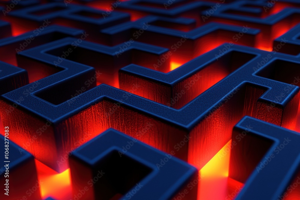 A close-up view of a maze structure illuminated by glowing red light, creating a striking visual contrast with the dark walls. A close-up view of a maze structure illuminated by glowing red light, creating a striking visual contrast with the dark walls.
