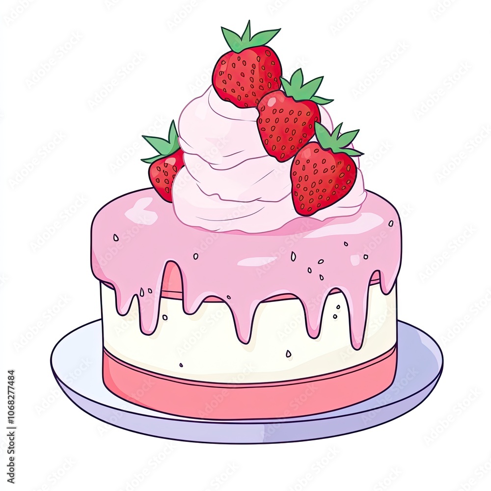 Cute Round Double Layer Cake with Pink Melted Ice Cream and Strawberries, Cartoon Style on White Background, Perfect for Birthday or Dessert Illustration Cute Round Double Layer Cake with Pink Melted Ice Cream and Strawberries, Cartoon Style on White Background, Perfect for Birthday or Dessert Illustration