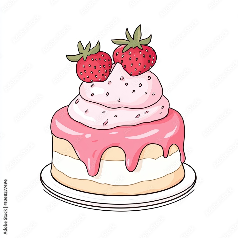 Cute Round Double Layer Cake with Pink Melted Ice Cream and Strawberries, Cartoon Style on White Background, Perfect for Birthday or Dessert Illustration Cute Round Double Layer Cake with Pink Melted Ice Cream and Strawberries, Cartoon Style on White Background, Perfect for Birthday or Dessert Illustration