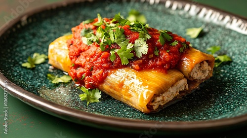 Traditional tamale topped with red sauce and cilantro, on a deep green background with subtle holiday motifs photo