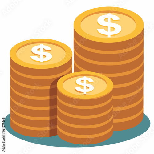 Vector illustration of stacks of cash and coins with dollar signs on top, featuring a minimal stack of USD coins with the US dollar symbol outlined and iconized.